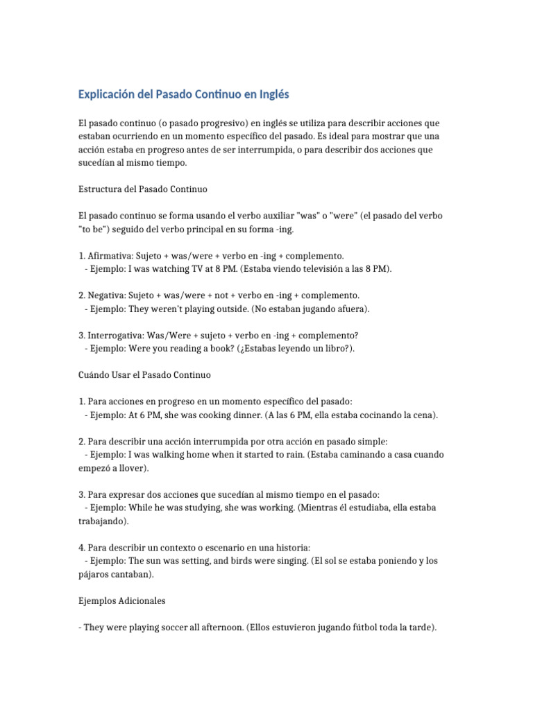 Uso y Estructura del Pasado Continuo en Inglés | PDF | Artes del ...