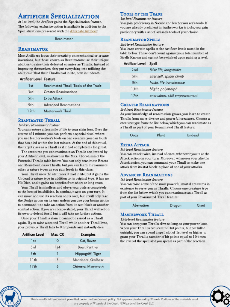 Artificer (Alternate) - Reanimator | PDF
