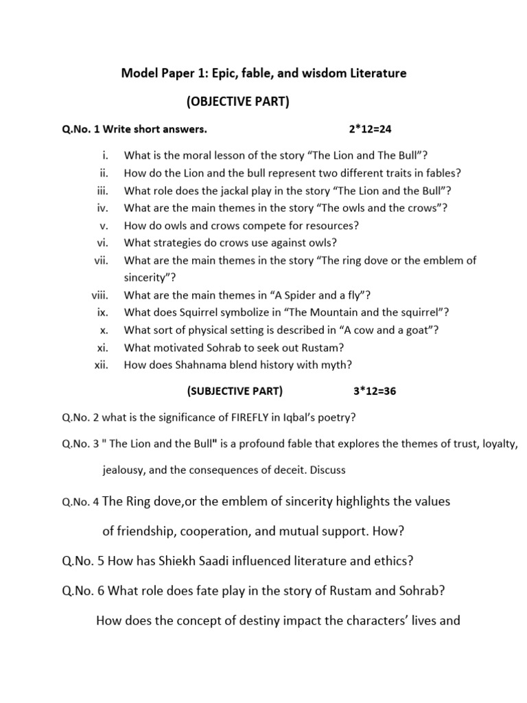 Model Paper 1 Epic Fable and Wisdom Lit | PDF