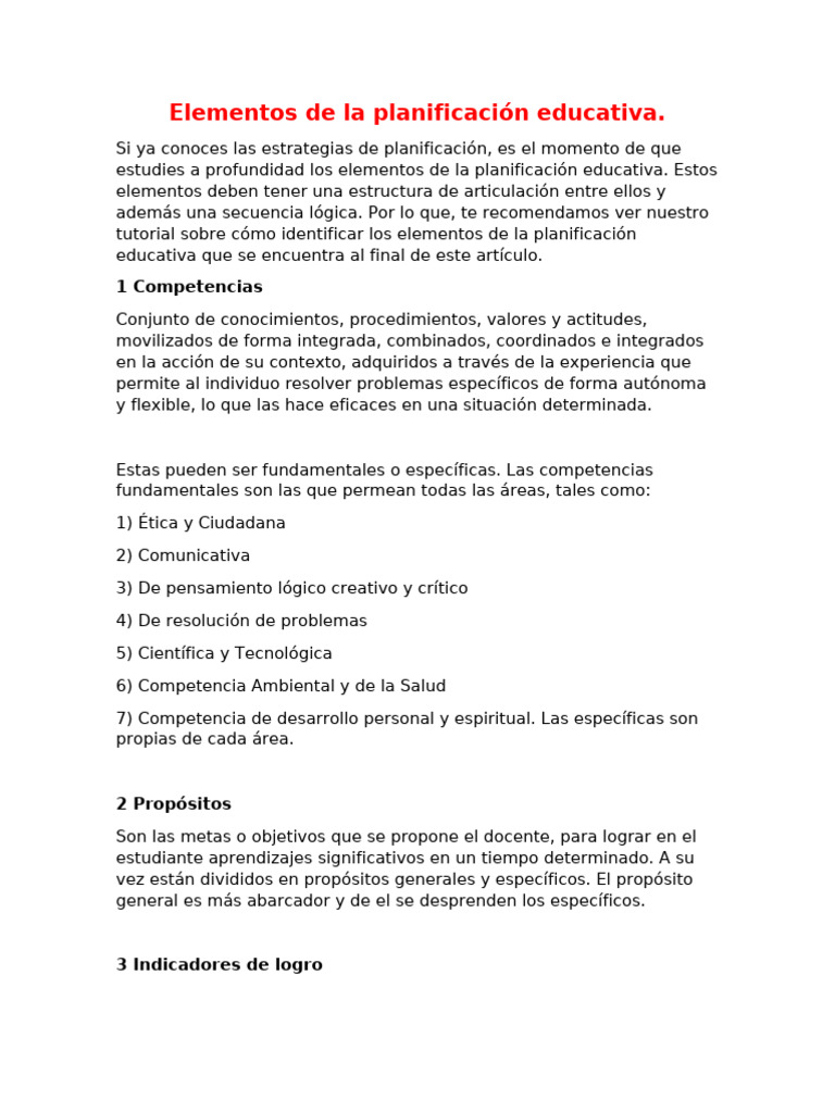 Elementos Clave de la Planificación Educativa | PDF | Maestros | Enseñando