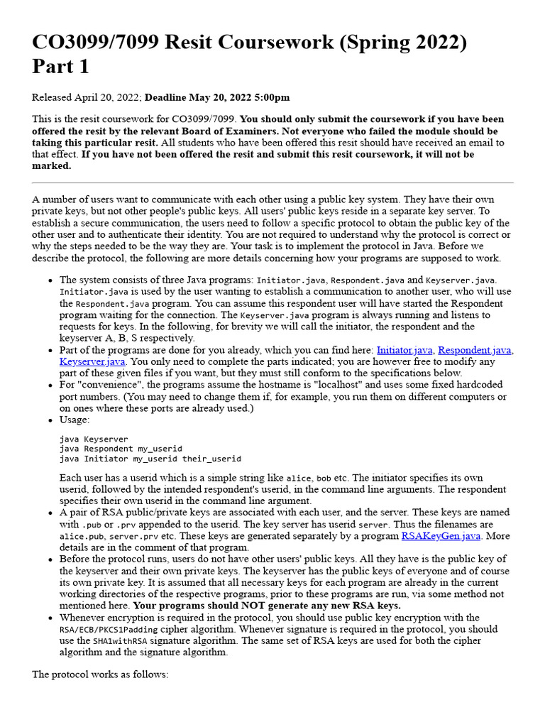 CO3099/7099 Resit Coursework Guide | PDF | Key (Cryptography) | Public ...