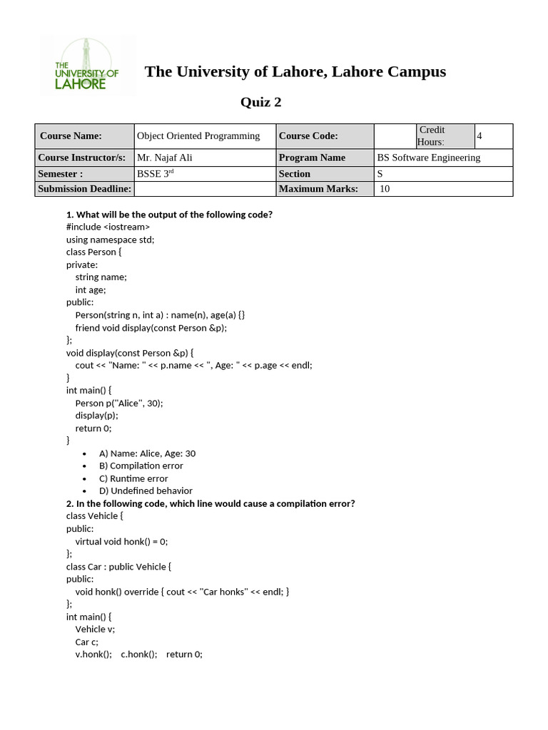 C++ OOP Quiz Questions and Answers | PDF | Inheritance (Object Oriented ...