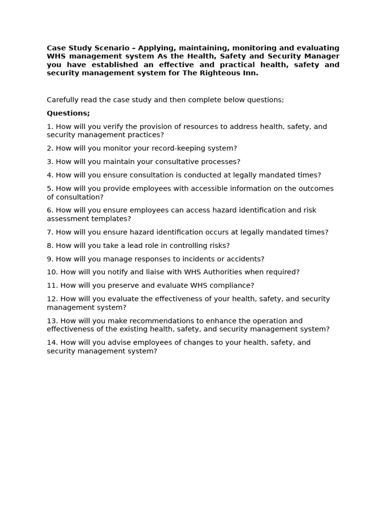 Case Study Questions SITXWHS008 | PDF