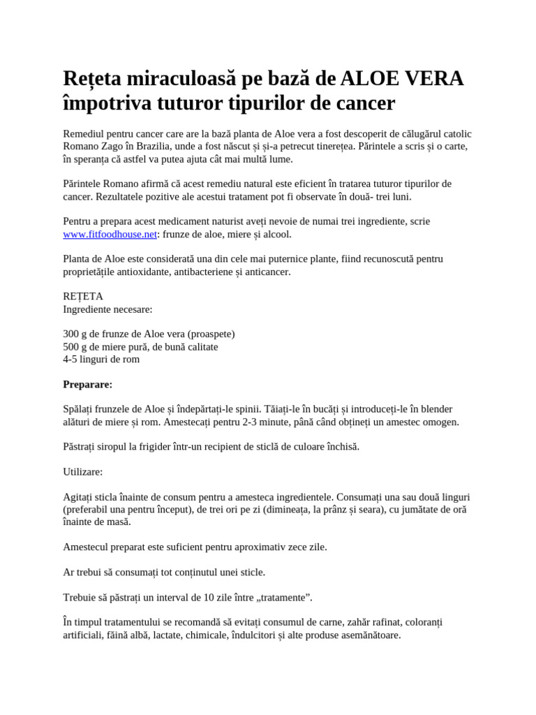 Reeta Miraculoas Pe Baz de ALOE VERA mpotriva Tuturor Tipurilor de  Cancer | PDF