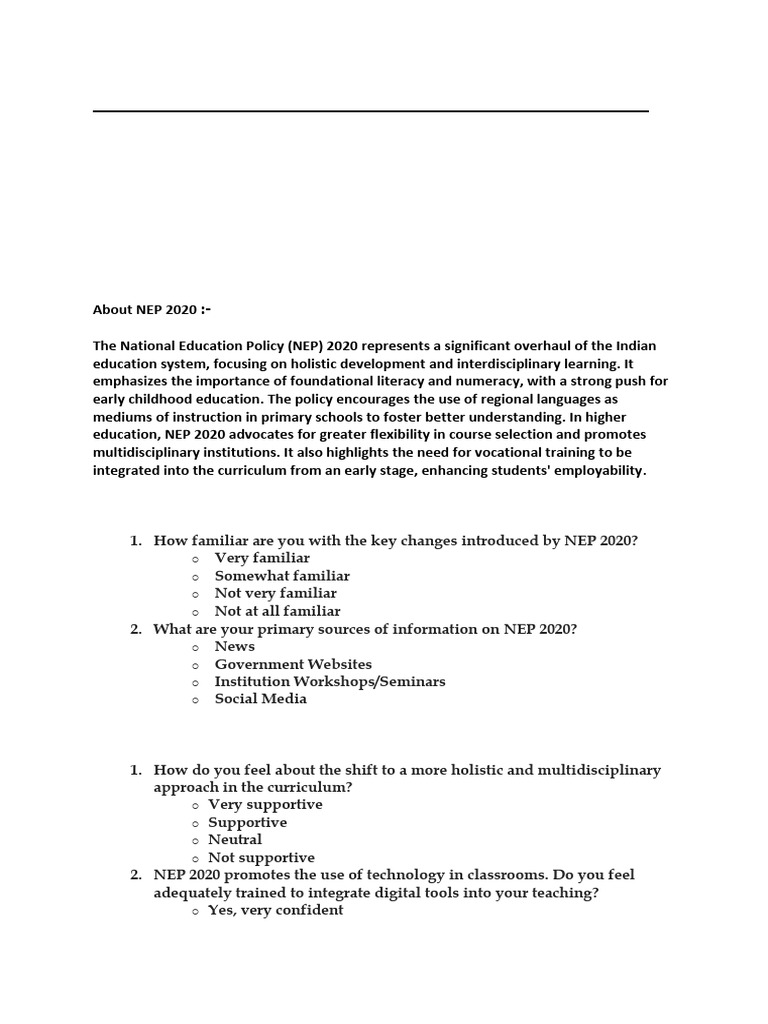 NEP 2020 Questionnaire for Educators | PDF | Teachers | Human Communication