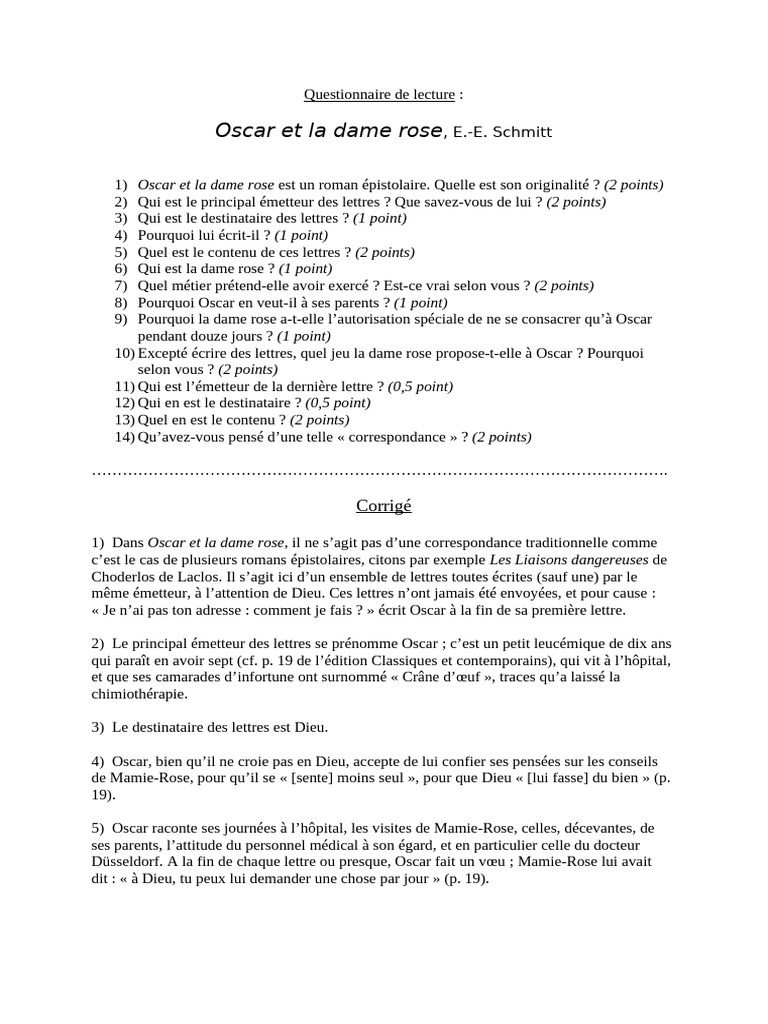 Questionnaire de lecture : Oscar et la dame rose | PDF | Romans