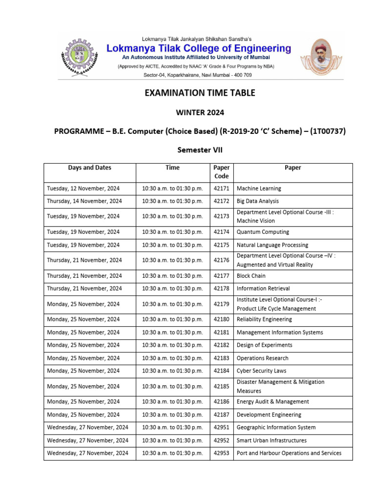 B.E. Computer 7th Sem Exam Timetable 2024 | PDF | Information Science ...