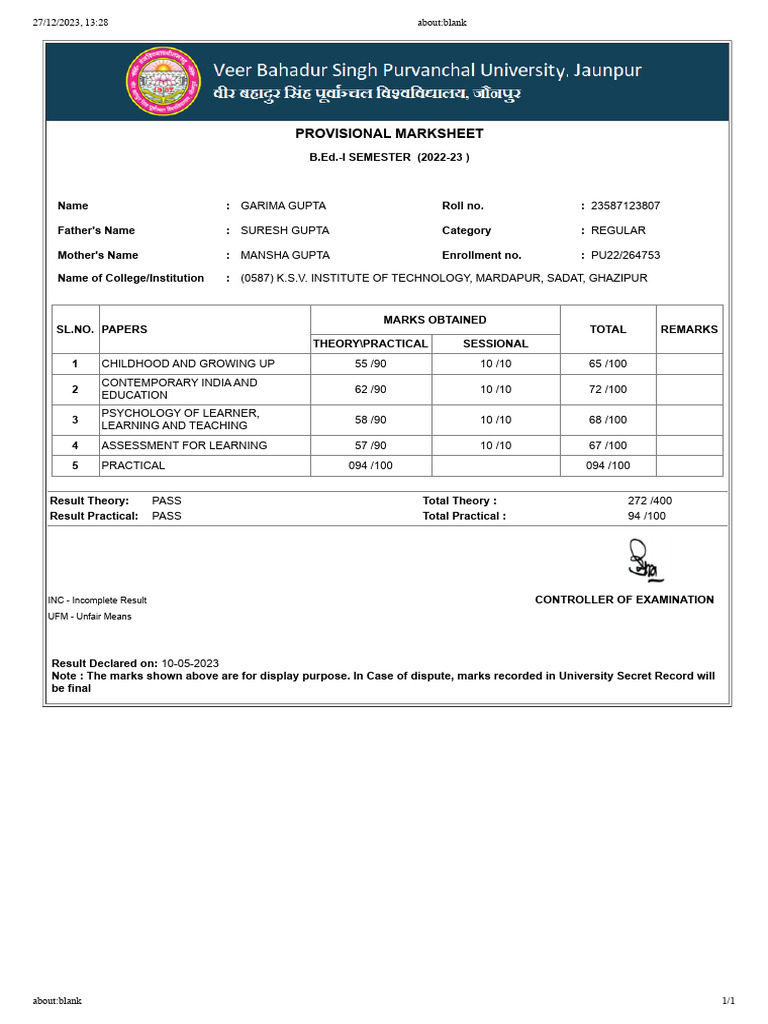 B.Ed 1st Semester Provisional Marksheet | PDF