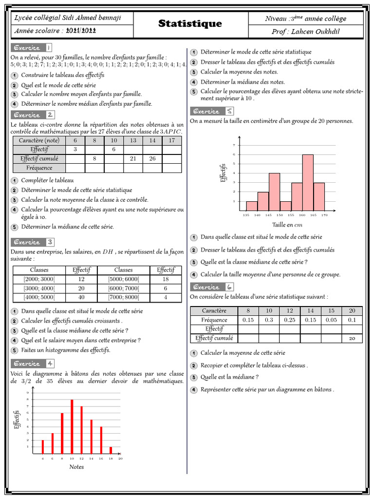 Statistiques pour 3ème année collège | PDF | Mathématiques | Statistiques