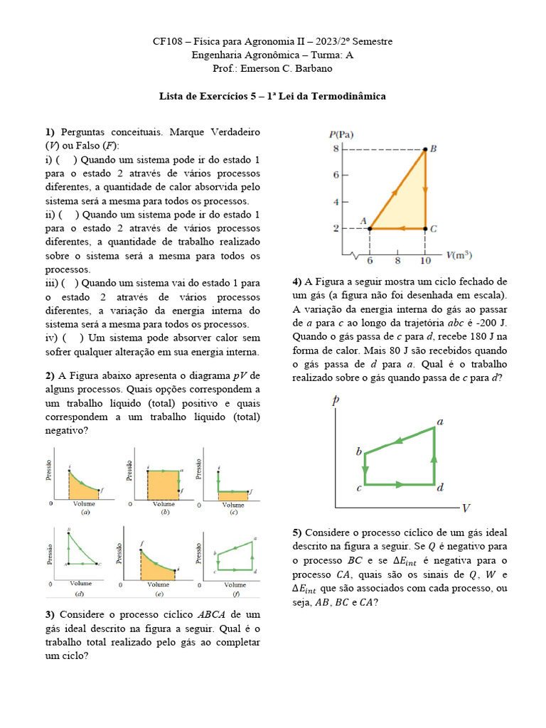Exercícios sobre 1ª Lei da Termodinâmica | PDF | Termodinâmica | Gases