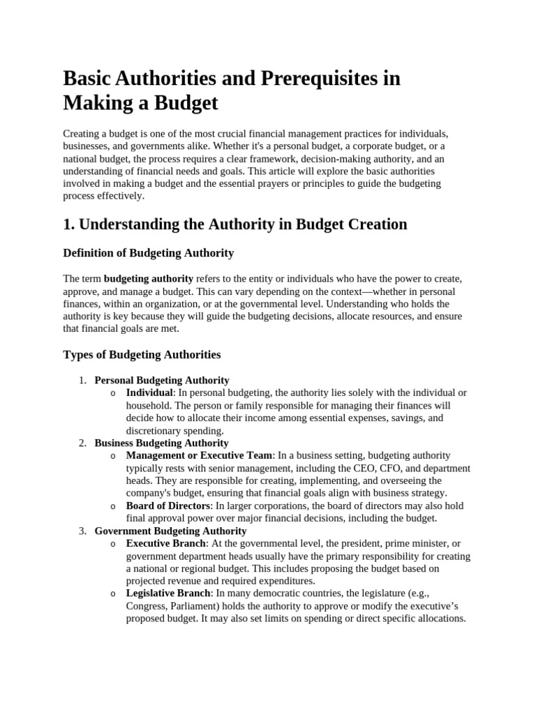 Basic Authorities and Prerequisites in Making A Budget | PDF | Budget ...