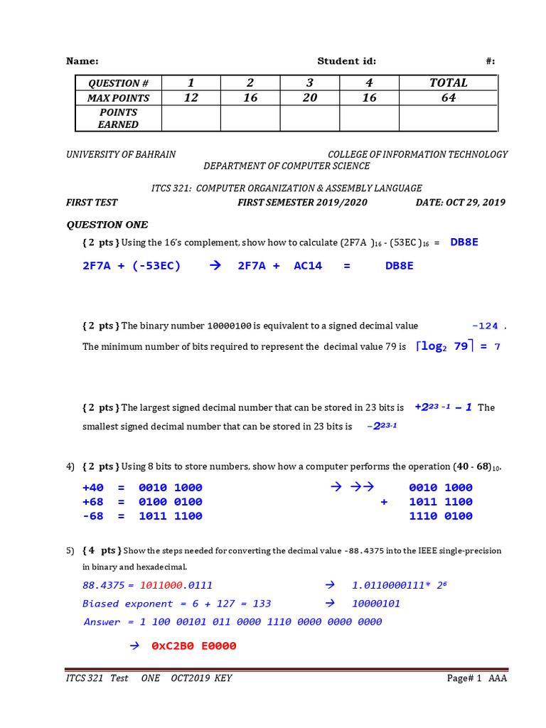 ITCS 321 Computer Organization Test Key | PDF | Bit | Computer Memory