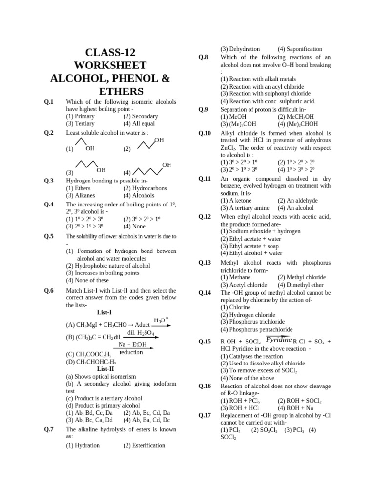 Class 12 Chemistry Alcohol-Phenol-Ether | PDF | Ether | Ethanol