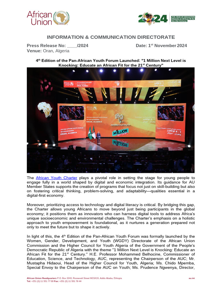 Launch of 4th Pan-African Youth Forum | PDF | African Union | Pan ...