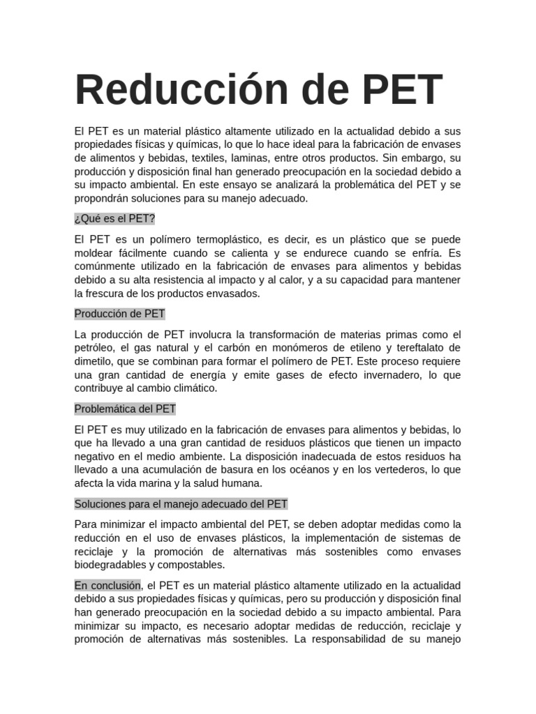 Reducción y manejo del PET | PDF | Salud y bienestar | Ciencia y ...