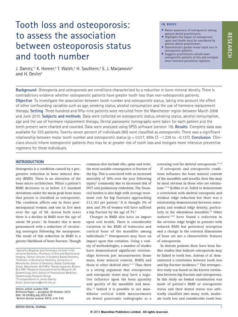 Tooth Loss and Osteoporosis: To Assess The Association Between ...