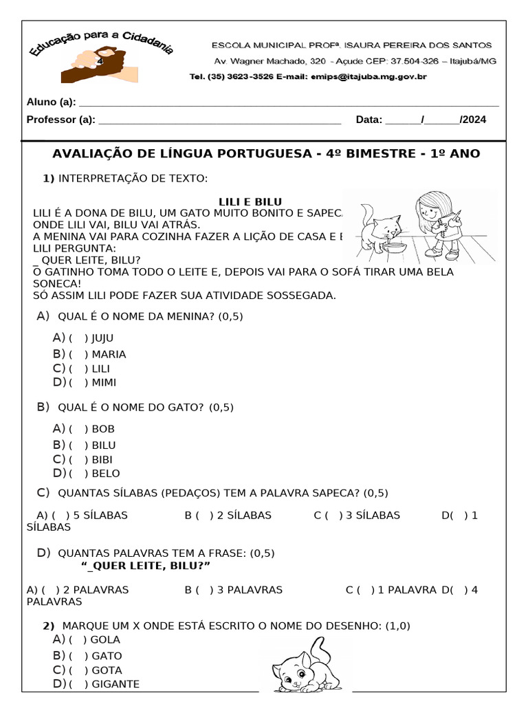 Avaliação de Lingua Portuguesa 1º Ano Fundamental | PDF | Linguística