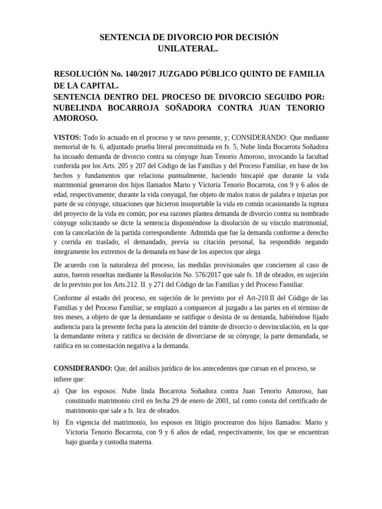 Sentencia de Divorcio Por Decision Unilateral | PDF | Divorcio | Matrimonio
