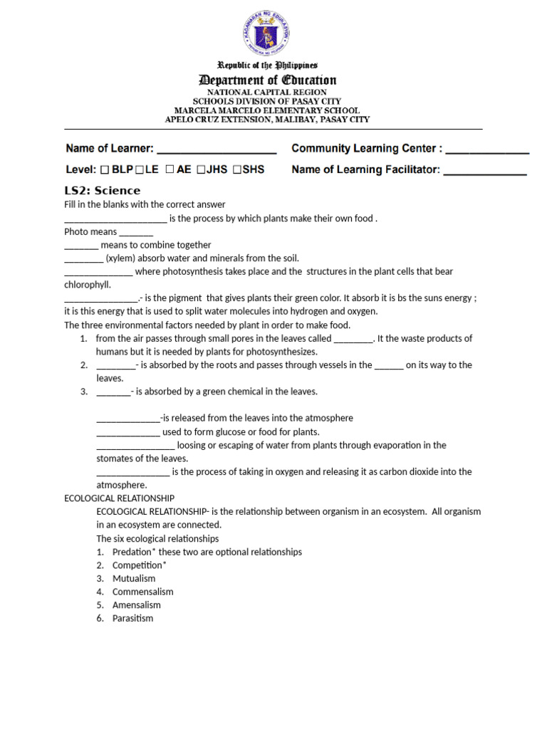 Science 5 Vince 3rd QRT Worksheet Photosynthesis Ecosystem | PDF ...
