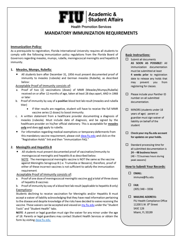 FIU Immunization Requirements Guide | PDF | Measles | Health Sciences