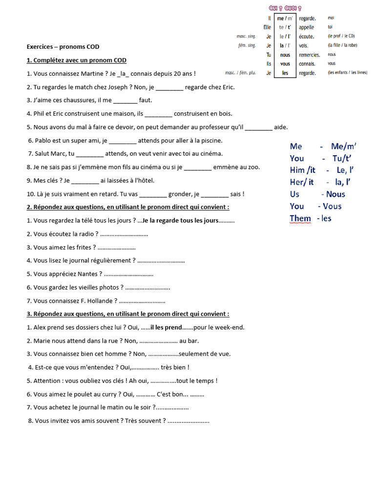 Exercices sur les pronoms COD en français | PDF