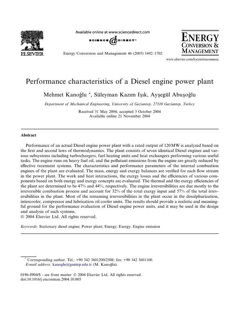 Diesel Engine Power Plant Performance Analysis | PDF | Exergy | Engines