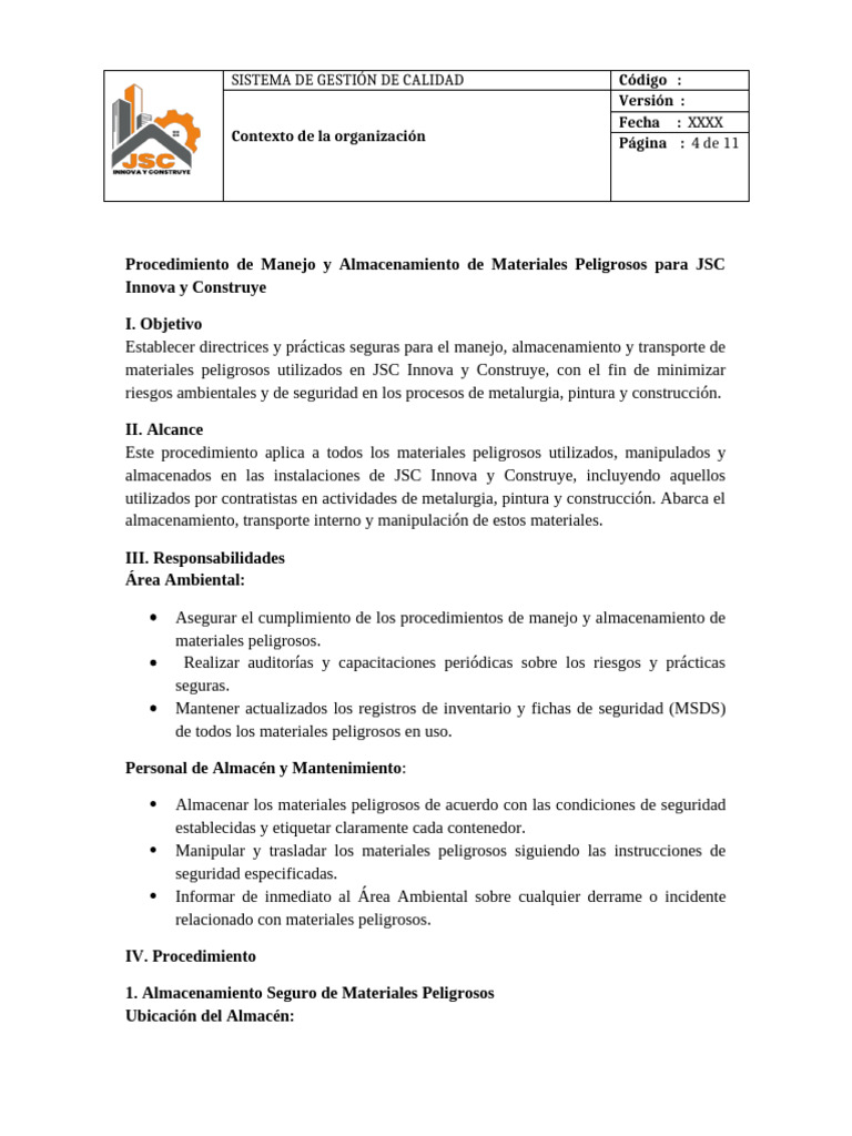 Procedimiento Manejo Almacenamiento Materiales Peligrosos JSC Innova y ...