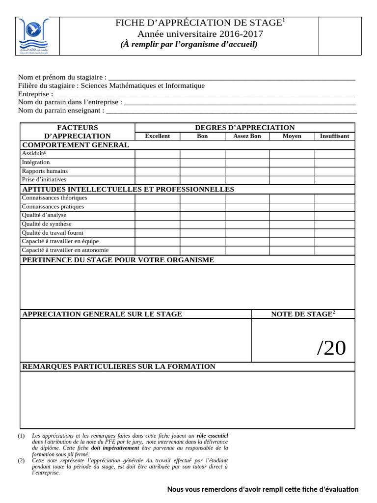 Fiche d'évaluation de stage sur 20 | PDF