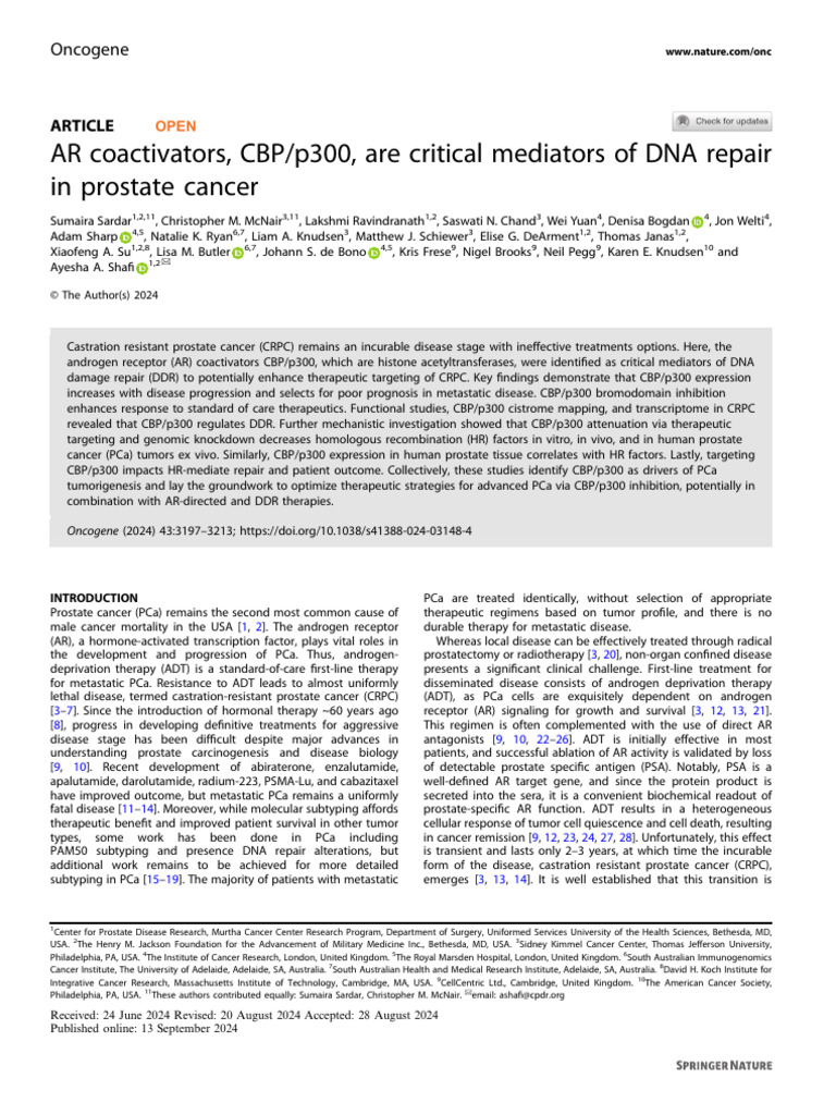 AR Coactivators, CBP/p300, Are Critical Mediators of DNA Repair in ...