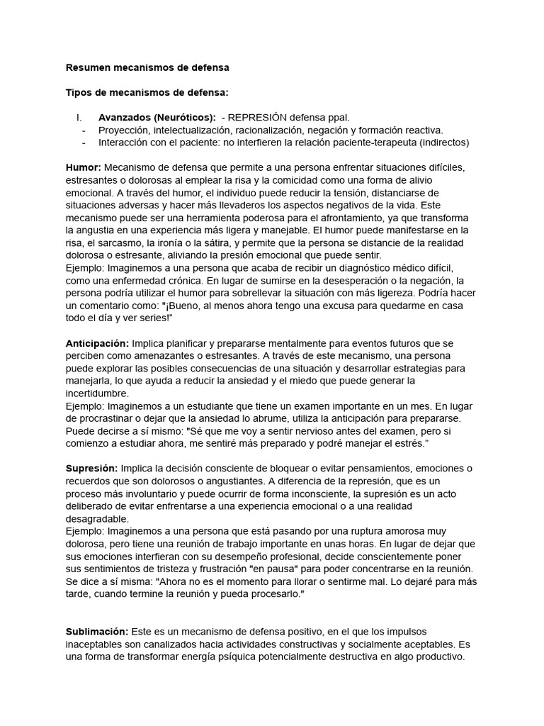 Resumen Mecanismos de Defensa | PDF | Las emociones | Ansiedad