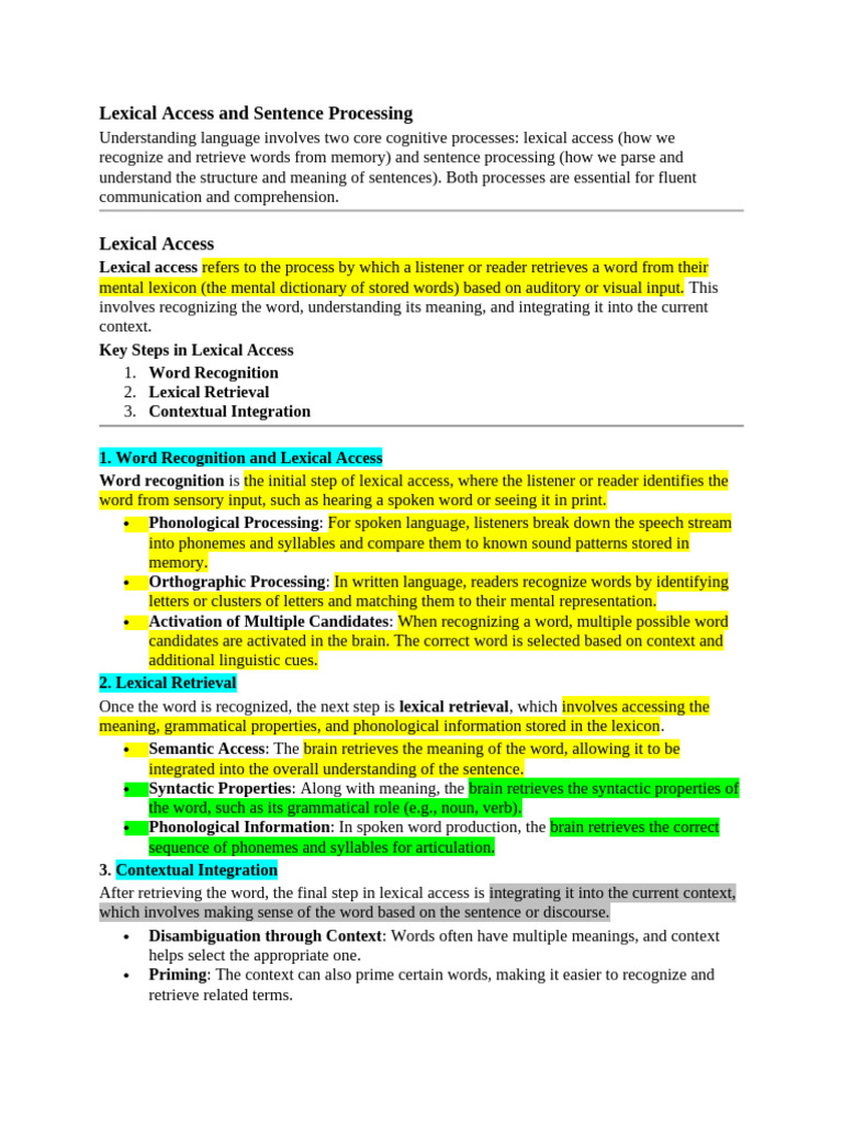 Lexical Access and Sentence Processing Explained | PDF | Word | Memory