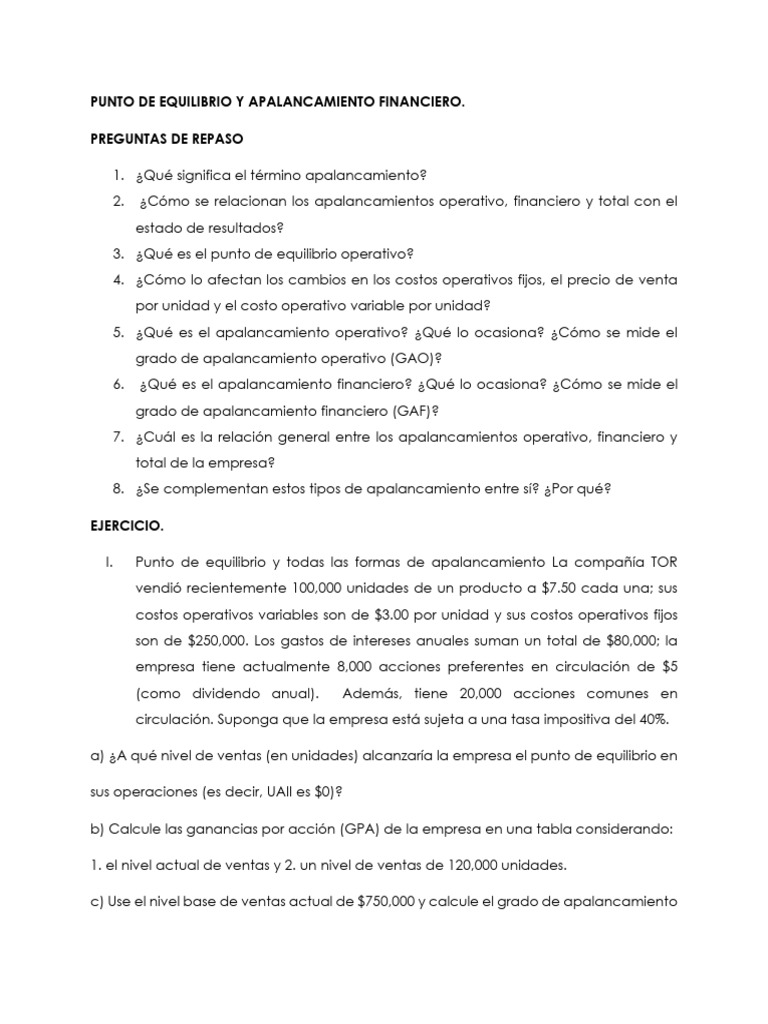 Preguntas y Ejercicios de Repaso Apalancamiento | PDF | Apalancamiento ...