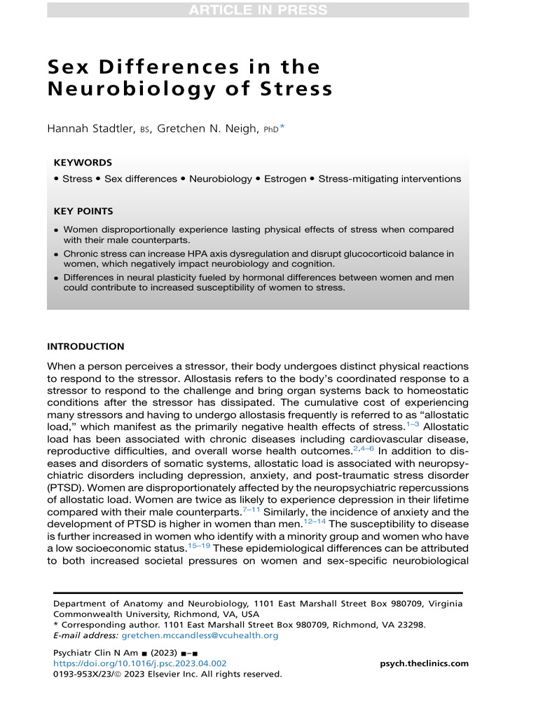 Sex Differences in The Neurobiology of Stress | PDF | Hypothalamic ...