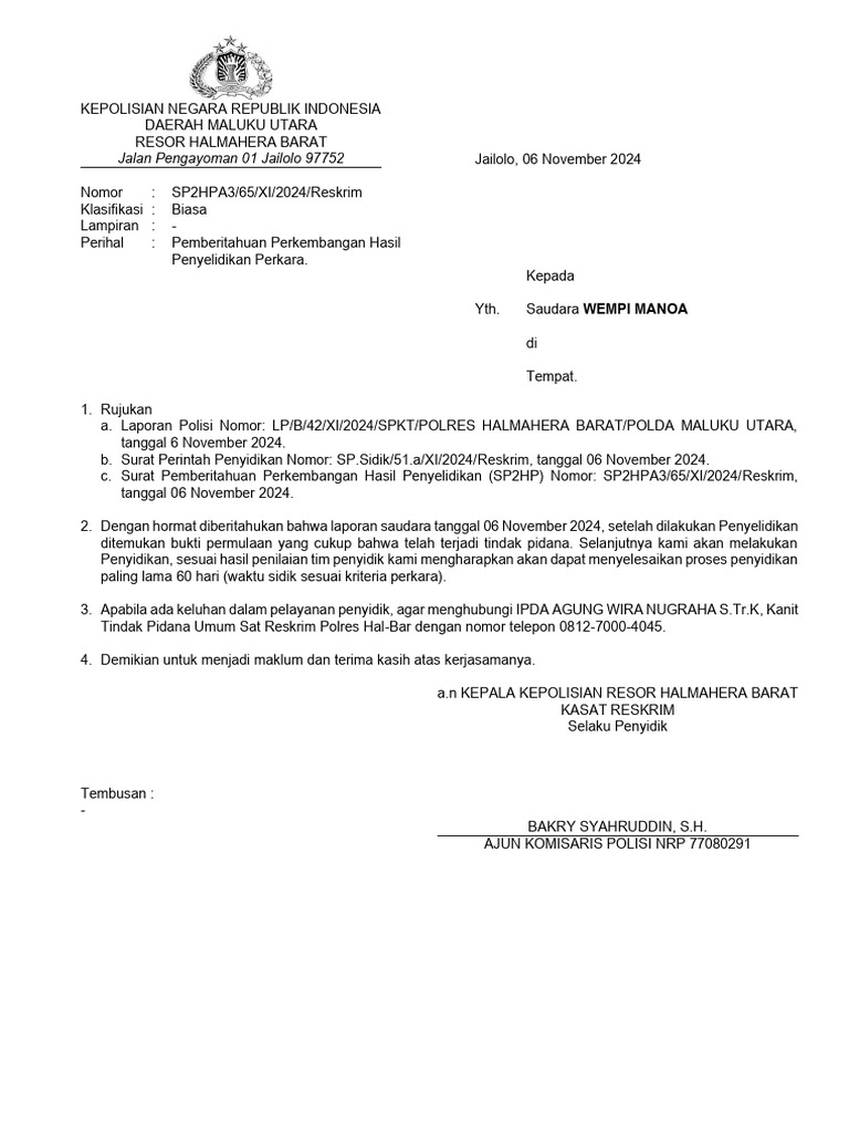 Pemberitahuan SP2HP Penyelidikan Polisi | PDF