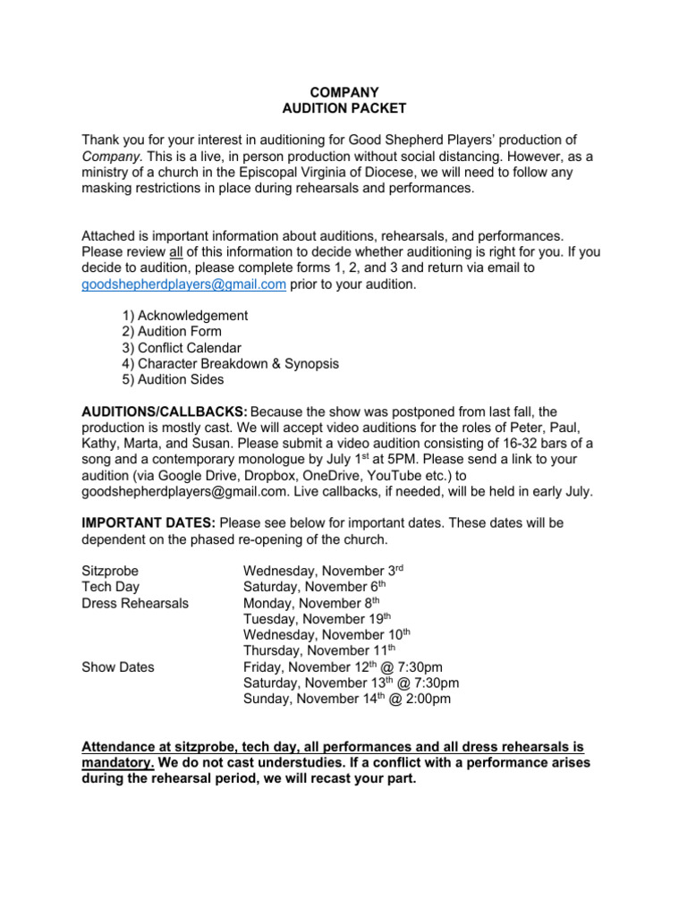 Company Audition Packet for Good Shepherd Players | PDF | Audition