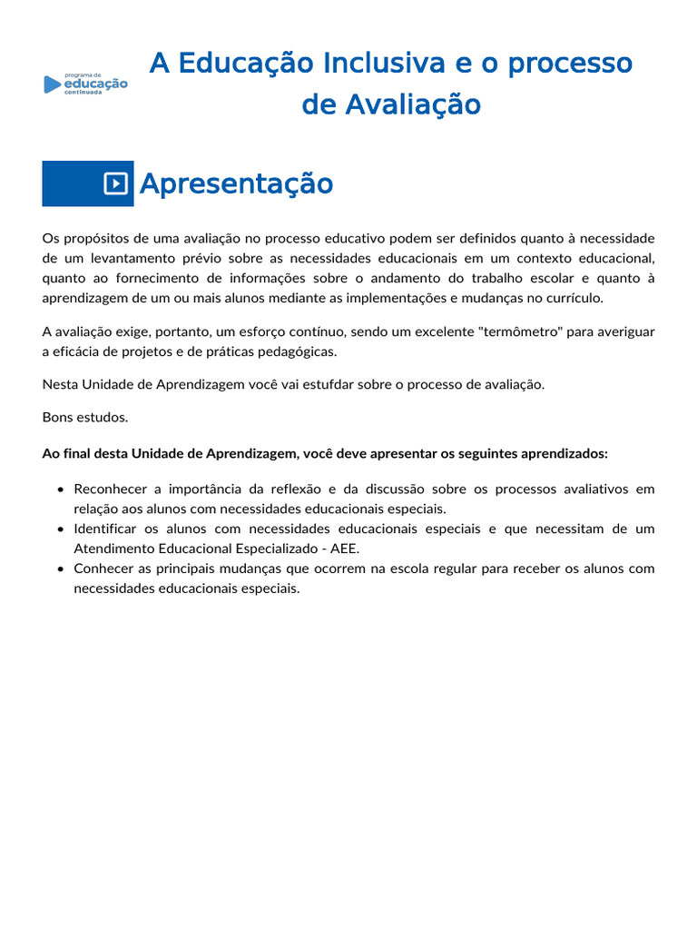 Avaliação Inicial na Educação Inclusiva | PDF | Educação Especial ...