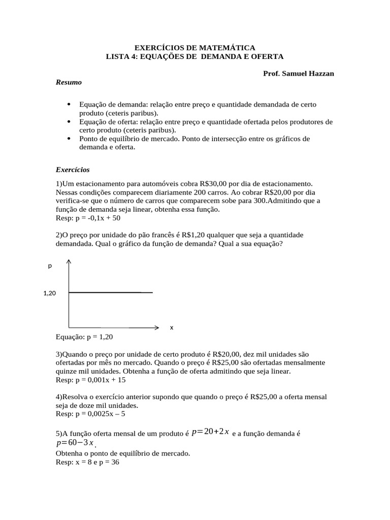 Exercícios sobre Equações de Demanda e Oferta | PDF
