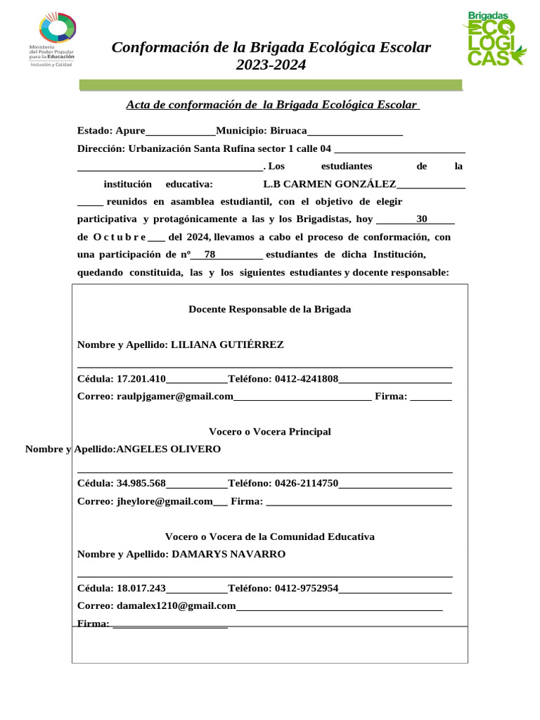 Actas de Conformación de La Brigada Escolar de Prevención Integral-1 ...