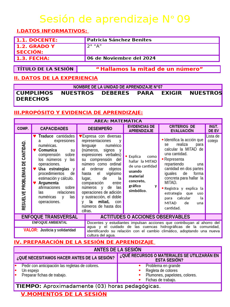 Sesión N 09 Matematica Hallamos La Mitad De Un Número Pdf