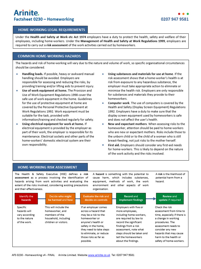 Homeworking Health & Safety Guide | PDF | Risk | Occupational Safety ...