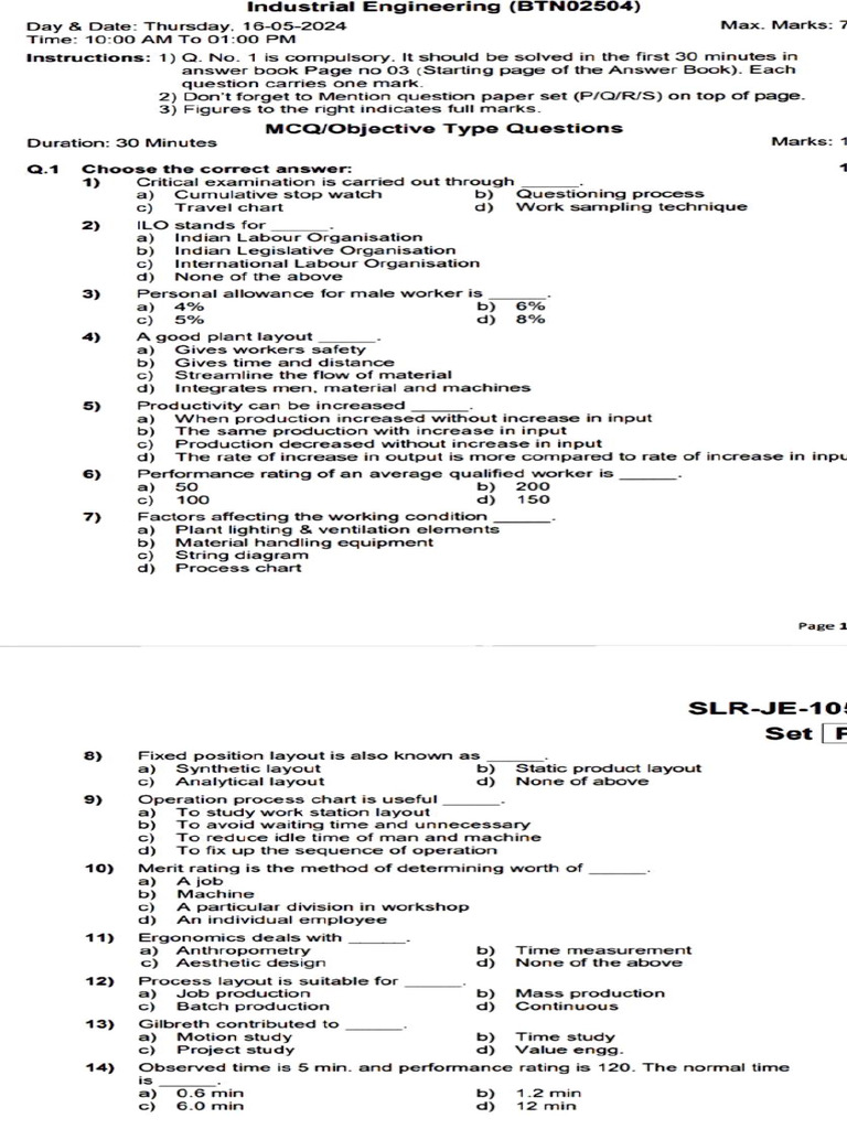 Industrial Engineering Exam Paper 2024 | PDF
