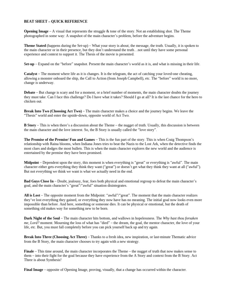 Beat Sheet Quick Reference Guide | PDF | General Fiction