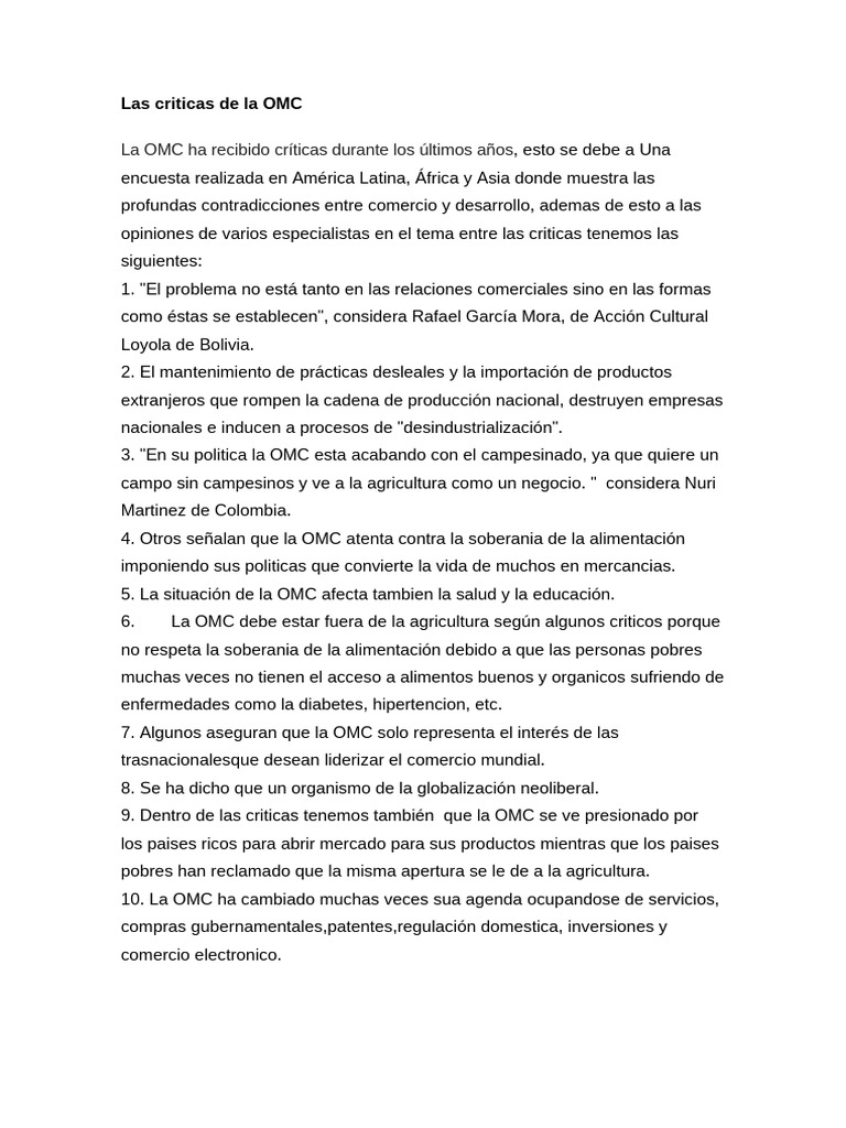 Críticas a la OMC y su impacto global | PDF | Organización de Comercio ...