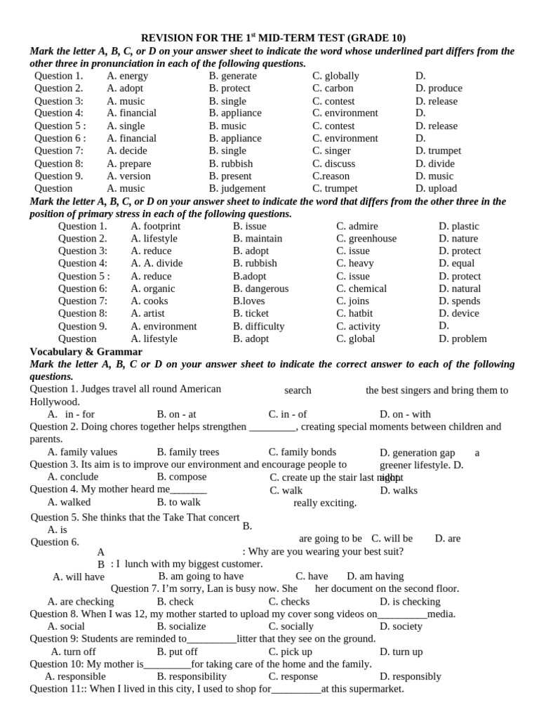 REVISION FOR THE 1st MID-TERM TEST - GRADE 10 | PDF | Healthy Diet ...