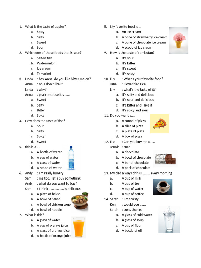Soal Bahasa Inggris Kelas 5: Rasa Makanan | PDF | Taste | Foods