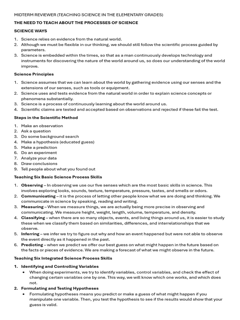 MIDTERM REVIEWER Teaching-Science | PDF | Science | Hypothesis
