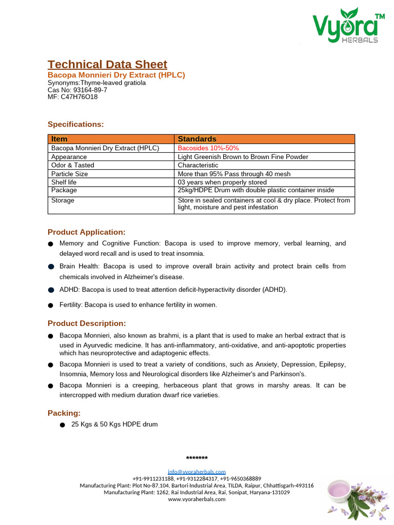 Bacopa Monneri - HPLC - Brahmi - TDS Sheet | PDF