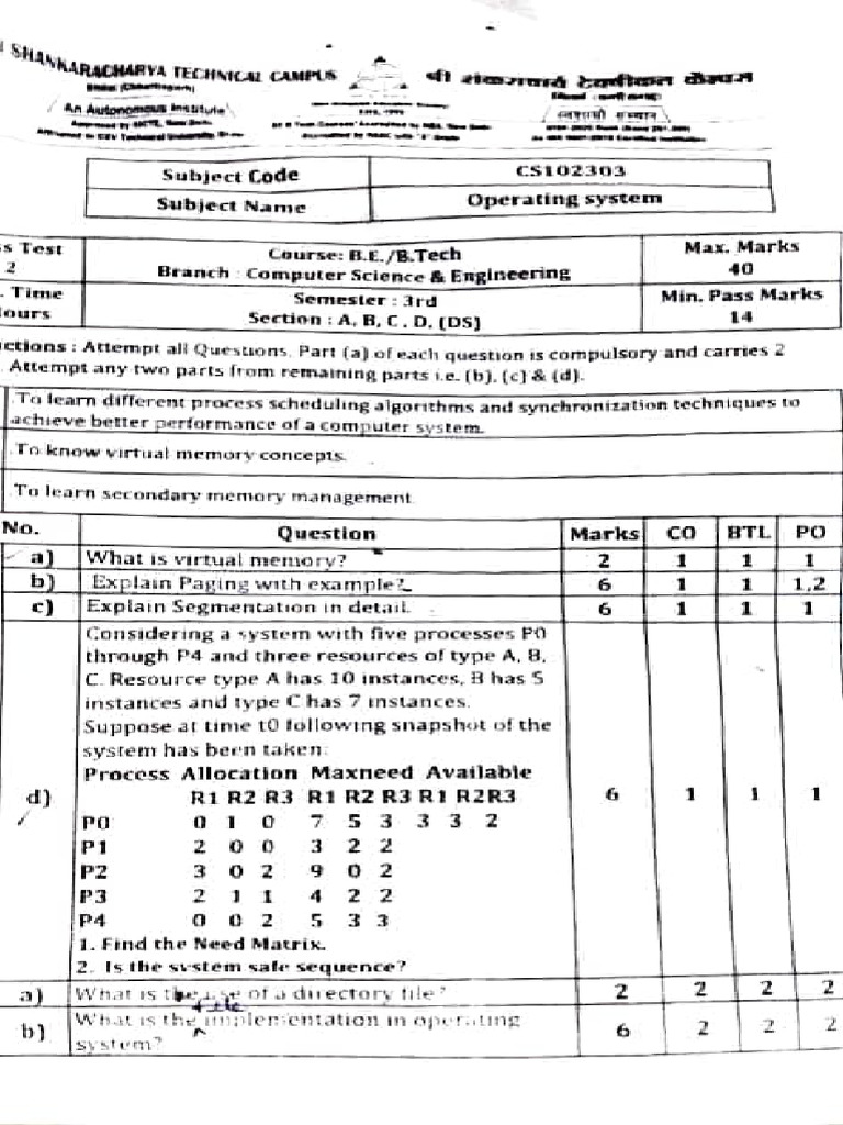 CT 1 and CT2 Question Paper 3rd Sem | PDF