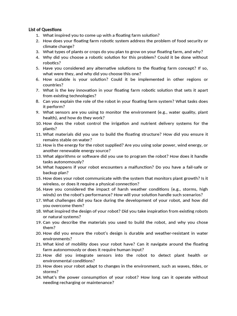 List of Questions (1) | PDF | Water | Robotics