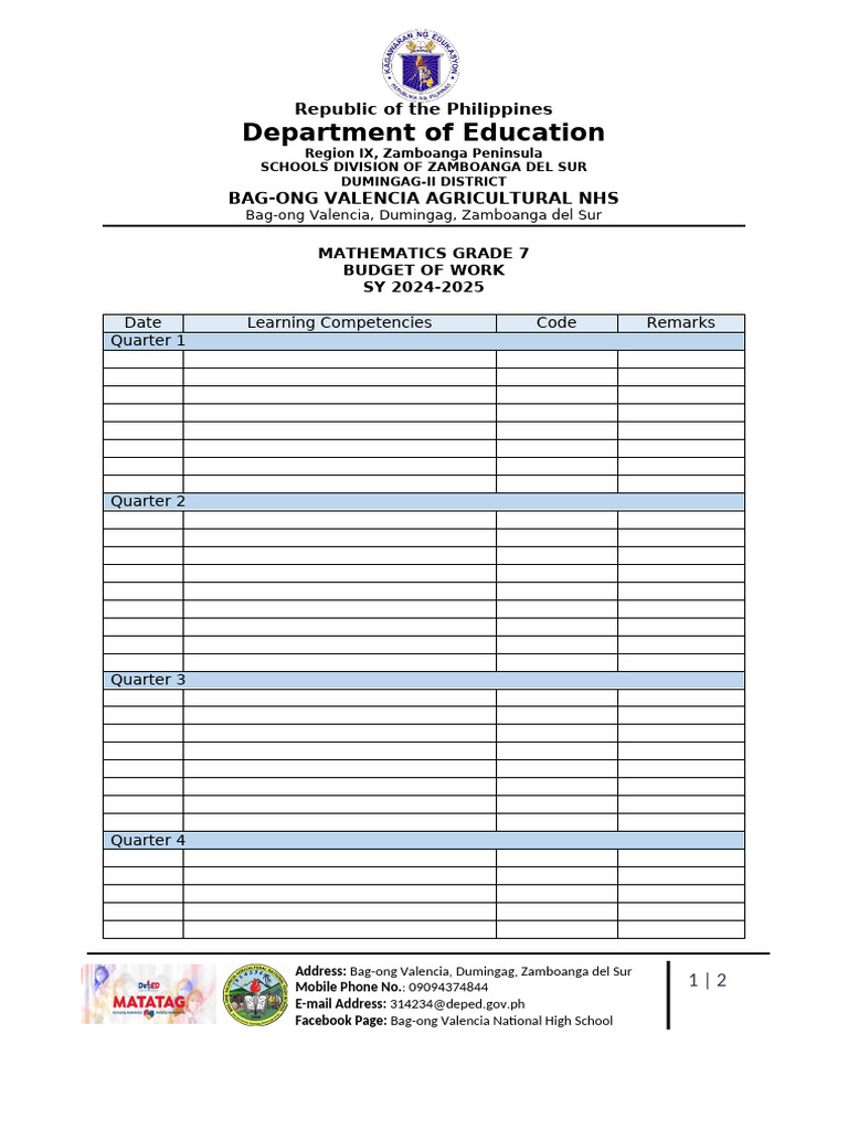 Grade 7 Math Budget of Work 2024-2025 | PDF